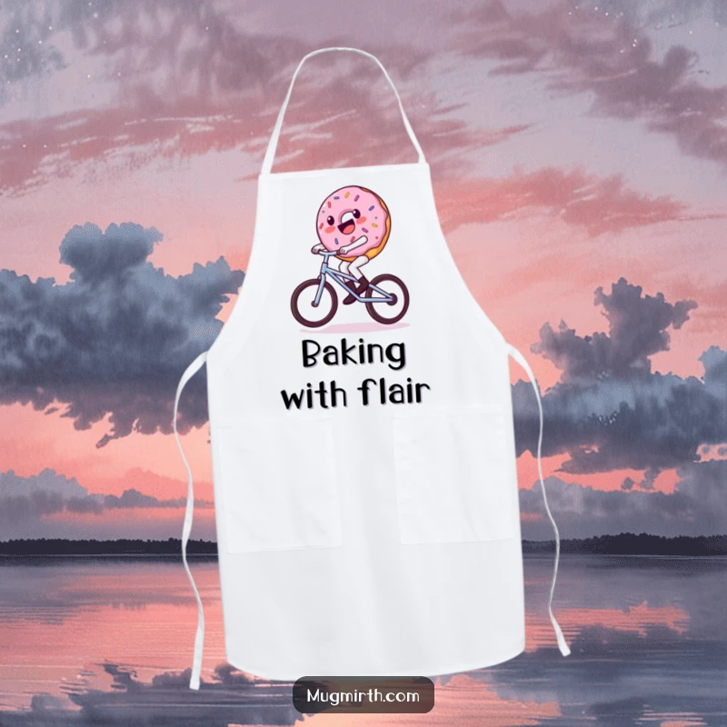 Funny donut apron, a donut character wobbling on a unicycle, perfect for kitchen sweetness and fun.
