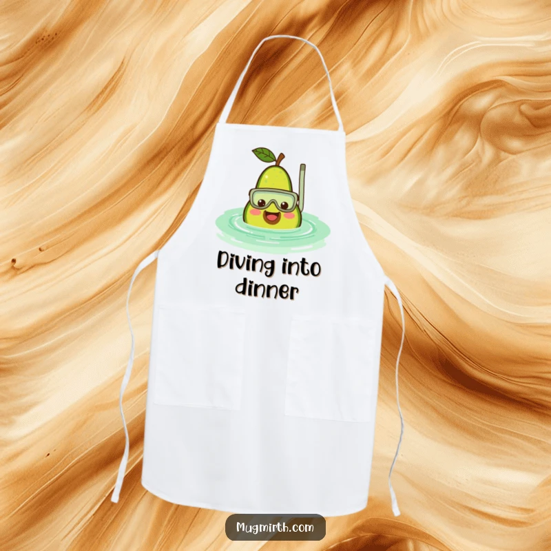 Funny avocado apron showing a smiling fruit wearing a snorkel, sinking into a rippling green pool, a humorous and functional kitchen accessory.