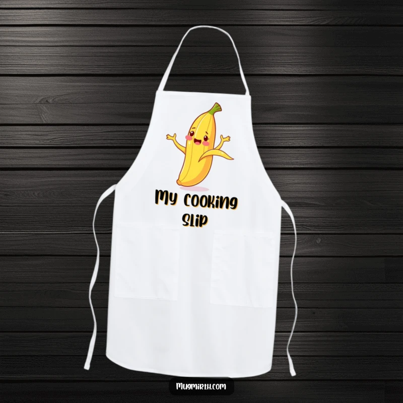 Funny Banana Slip Apron: A cheerful banana cartoonishly flails while slipping on its peel, ready for kitchen duty.