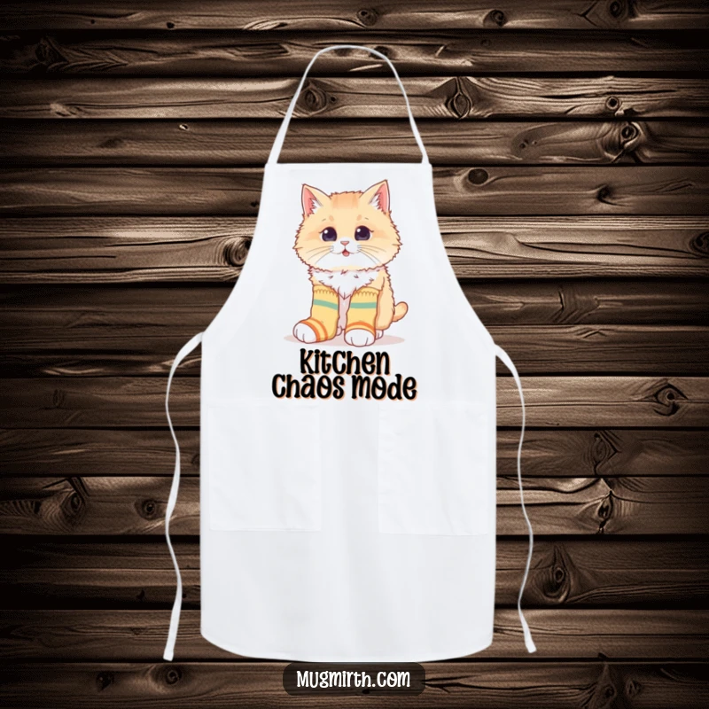 Funny apron with a fluffy cat hilariously trying to wear oversized, mismatched socks, ideal for adding quirky cheer to cooking.