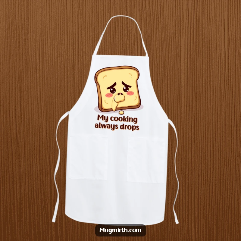 Funny apron with a concerned slice of toast falling butter-side down, perfect for kitchen protection and humor.