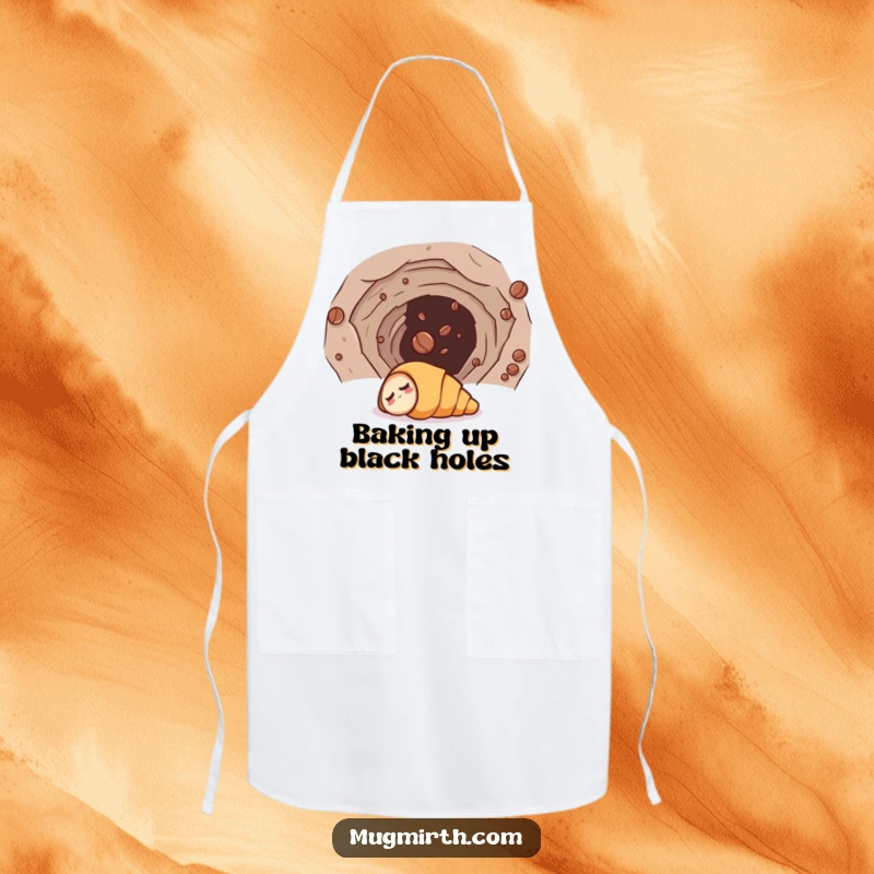 Funny apron showcasing a sleepy croissant humorously entering a wormhole, guided by a coffee bean, making kitchen tasks funny.