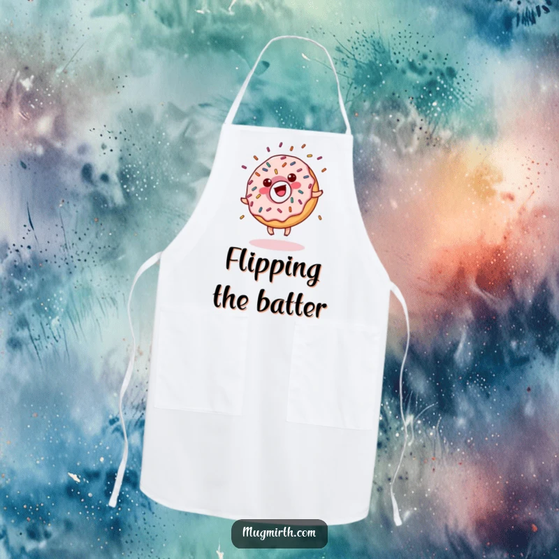 Funny donut apron with sprinkles doing a cartwheel, glaze flying, a humorous kitchen accessory for bakers.