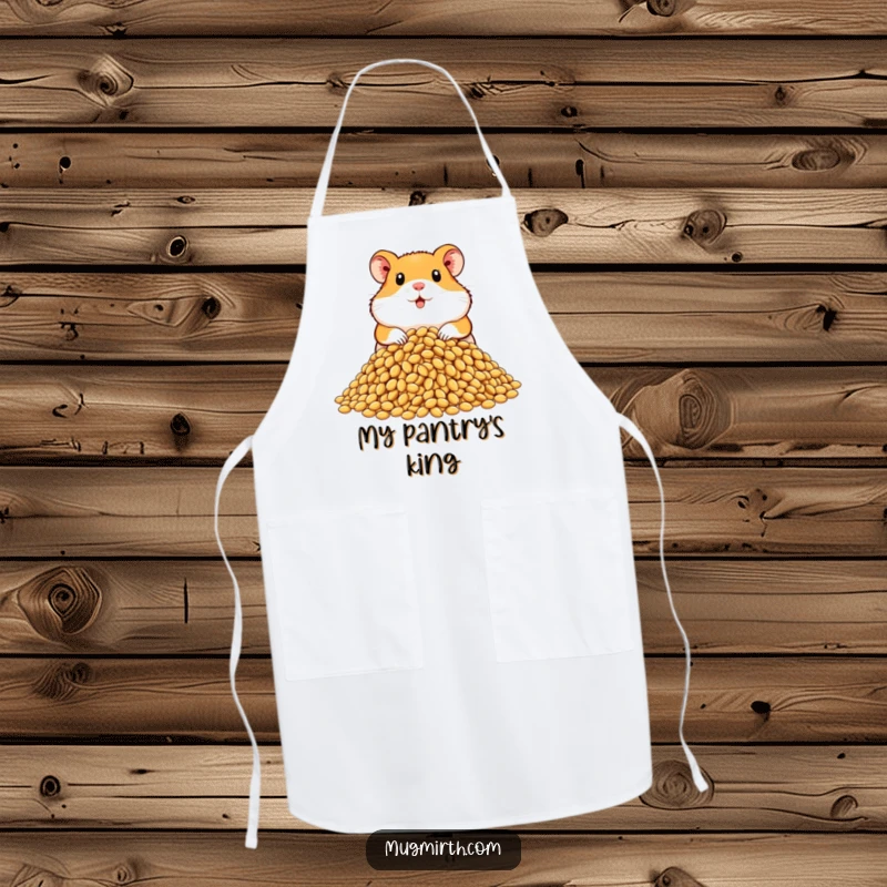 Funny hamster apron with a proud hamster displaying a huge pile of sunflower seeds, making kitchen tasks hilariously efficient.