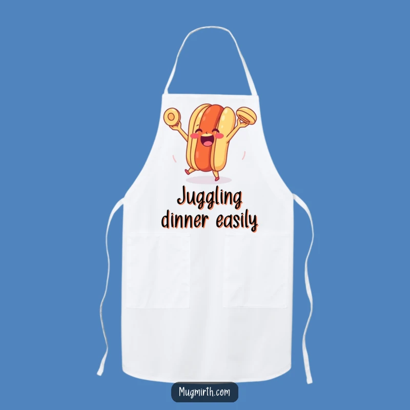 Funny Happy Hot Dog Apron: Juggling Bun Joy chef wear, hilarious gift for cooks.