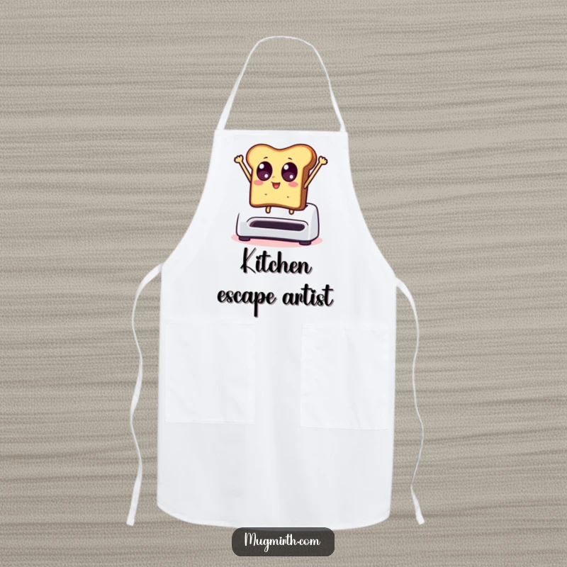 Funny apron graphic: toast with wide eyes dramatically leaps from a toaster, ideal for a humorous kitchen.
