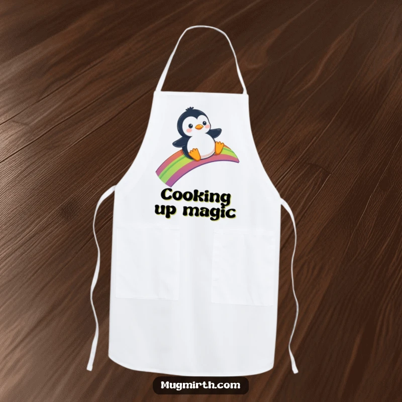 Funny Apron: Kitchen wear depicting a penguin joyfully sliding down a colorful rainbow.