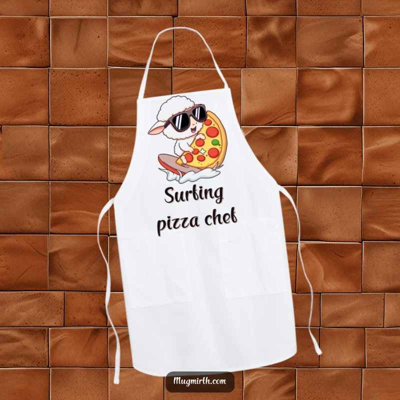 Funny Apron: A sheep in oversized sunglasses surfs a giant pizza slice. A fun and funny gift for cooks.