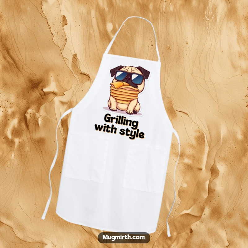 Funny apron depicting a pug wearing oversized sunglasses, balancing a stack of pancakes on its nose, ideal for kitchen fun.