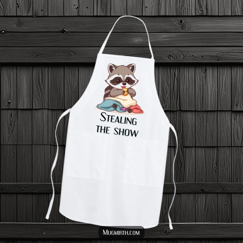 Funny Raccoon Apron: A comical raccoon wearing an apron is caught stealing a shiny button while pretending to cook.
