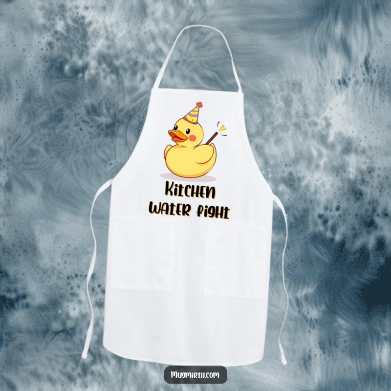 Funny apron graphic: a rubber duck in a party hat is launched from a slingshot, perfect for a humorous cook.