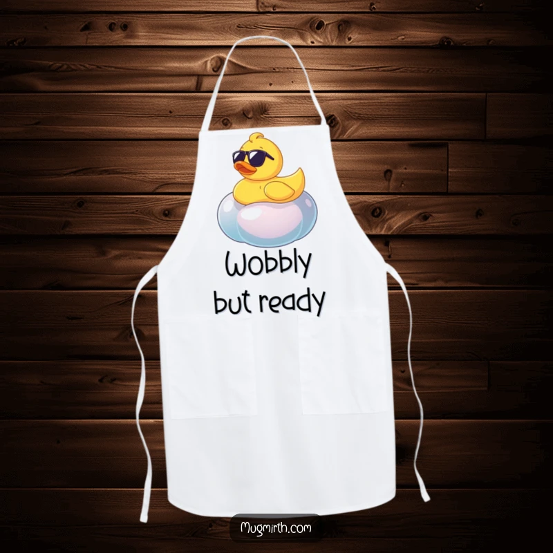 Funny rubber ducky wearing sunglasses on a giant wobbly jellybean, a humorous apron for kitchen enjoyment.