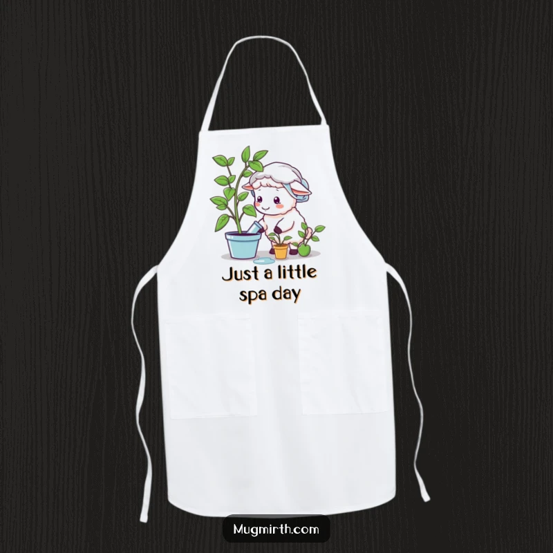 Funny sheep wearing a shower cap, watering a plastic plant, on a kitchen apron, a humorous and practical funny gift.