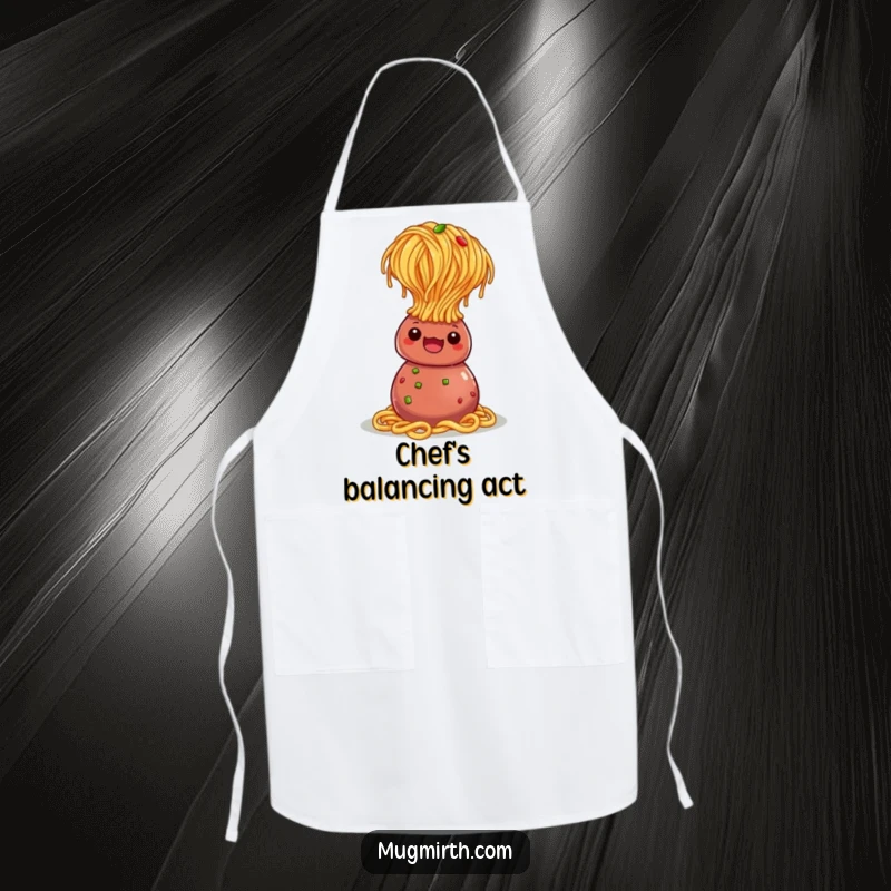 Funny Apron: A spaghetti noodle attempting a headstand with surprising balance on a meatball.
