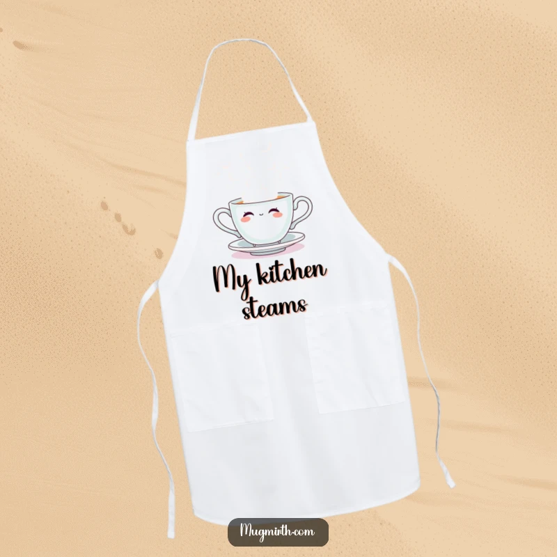 Funny apron illustration of a cute sentient teacup creating huge steam bubbles while cooking, a whimsical kitchen accessory.