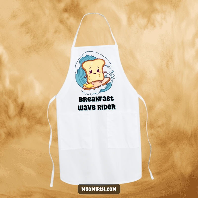 Funny toast apron, butter dripping, bewildered surfer, riding a colossal wave, a comical and practical kitchen accessory.