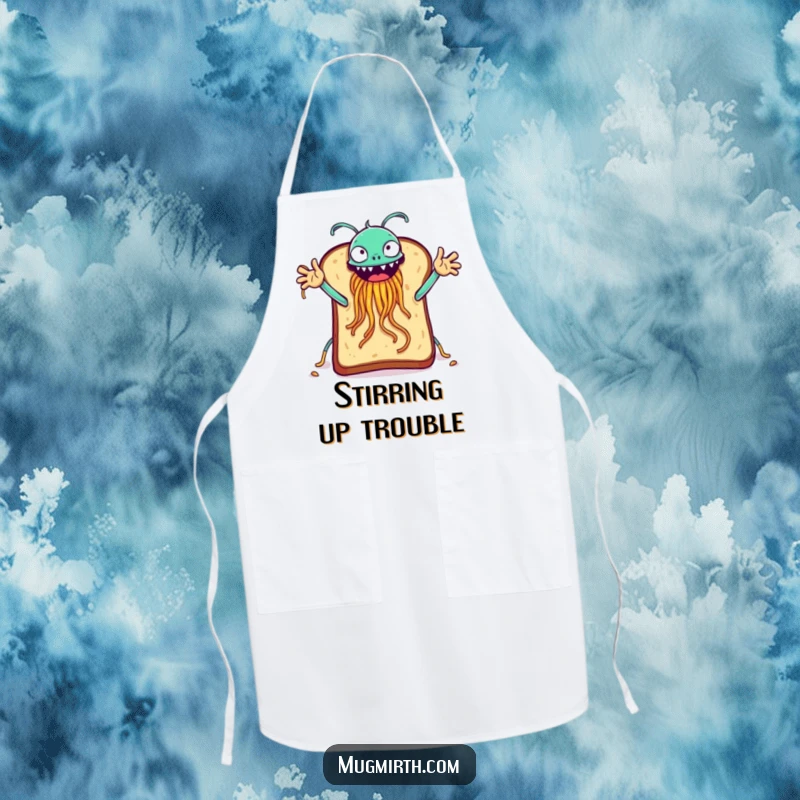 Funny toast attempting a FSM high-five, a humorous apron for kitchen fun.