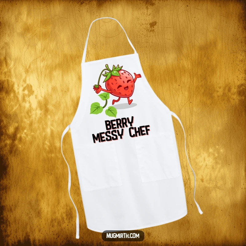 Funny tripping strawberry apron showing a cartoon strawberry with legs tripping over its vine. Humorous kitchen protection.