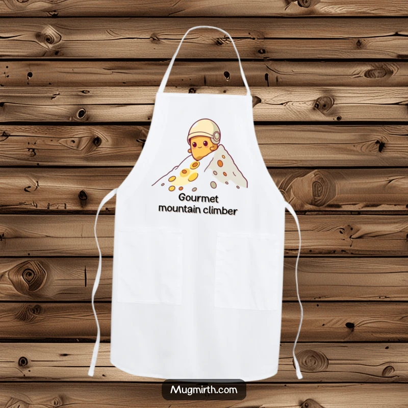 Funny potato apron, wearing a helmet, determinedly climbing a heap of cheese, a comical and practical kitchen accessory.