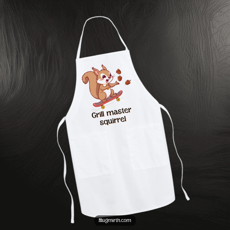 Funny mischievous squirrel juggling acorns while skateboarding downhill, ideal for kitchen protection. A practical and funny chef apron.