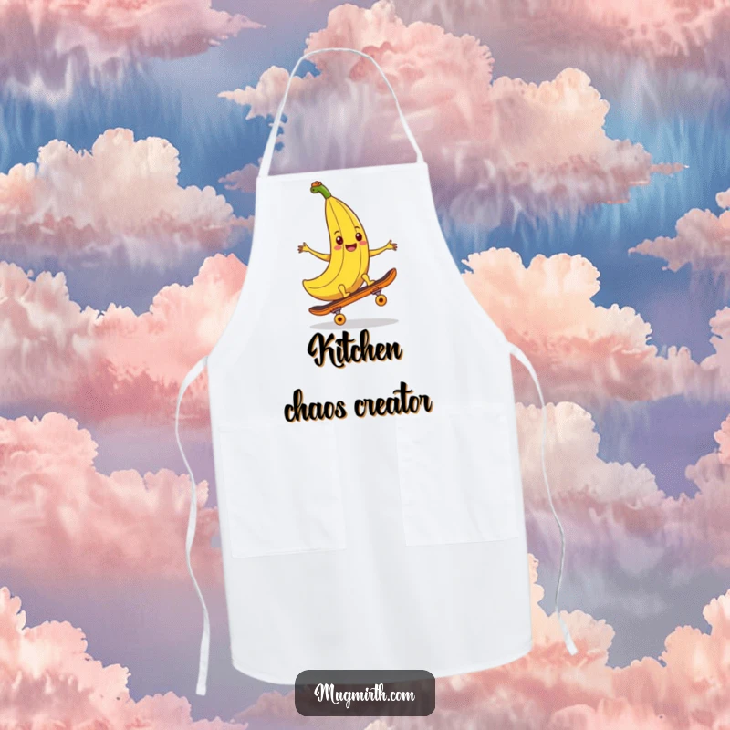 Funny banana peel apron, a smiling banana peel ready to trip a skateboard, perfect for kitchen pranks and fun.