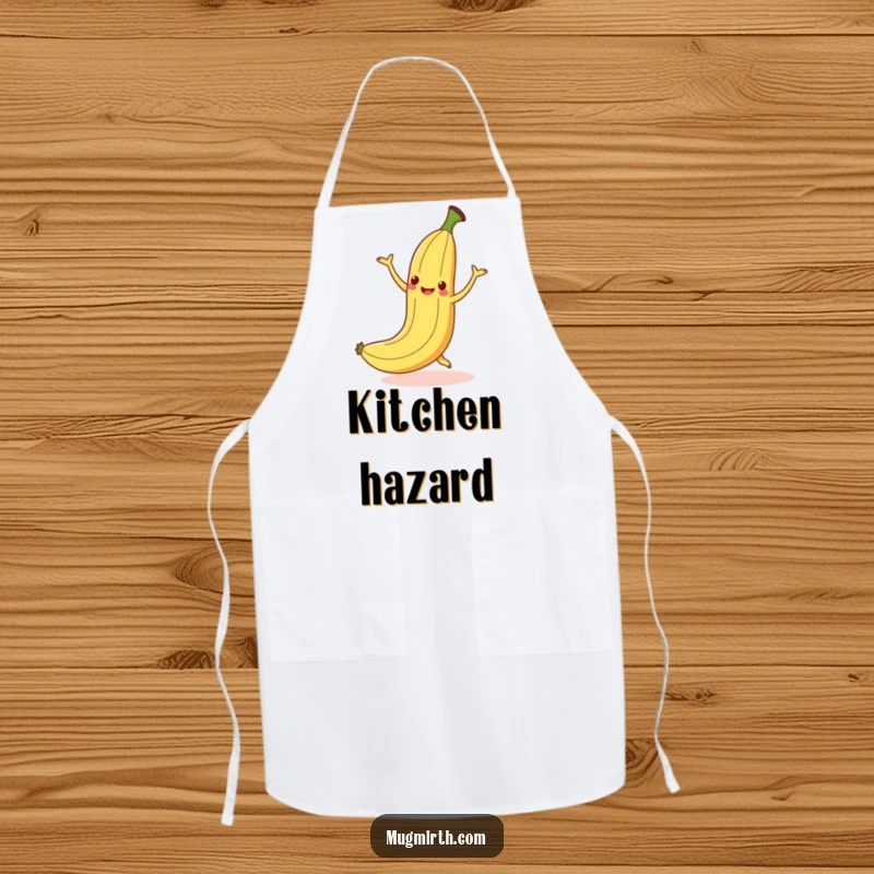 Funny dancing banana slipping on a peel with a smile, a humorous apron.