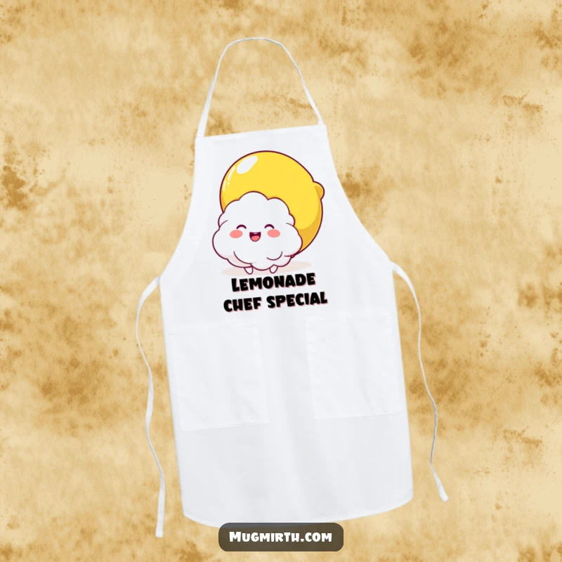 Funny Cloud and Lemon Squeeze Apron: A humorous cooking apron with a fluffy cloud character being squeezed by a smiling lemon. Ideal for kitchens.