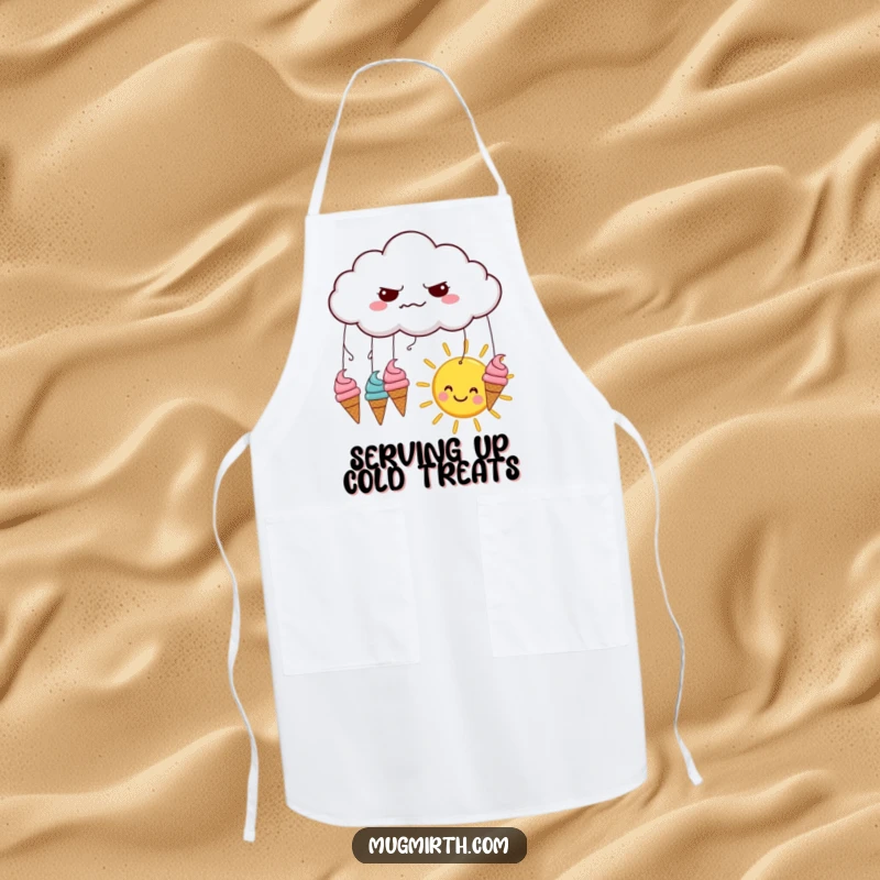 Funny apron graphic: a grumpy cloud rains ice cream cones onto a happy sun, perfect for a humorous baker.