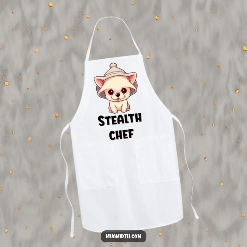 Funny apron showing a tiny dog wearing an oversized hat that covers its eyes, a comical kitchen accessory.