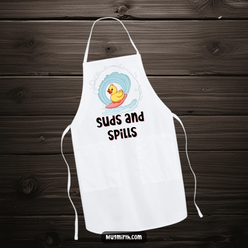 Funny surfing rubber duck apron showing a duck riding a bubble bath wave. Humorous kitchen protection.