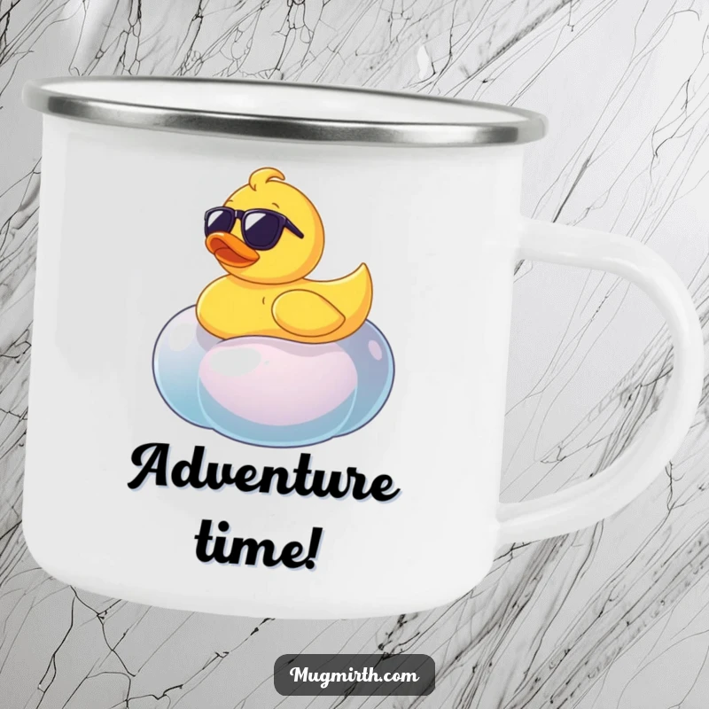 Funny rubber ducky wearing sunglasses on a wobbly jellybean, a durable and humorous camping mug.