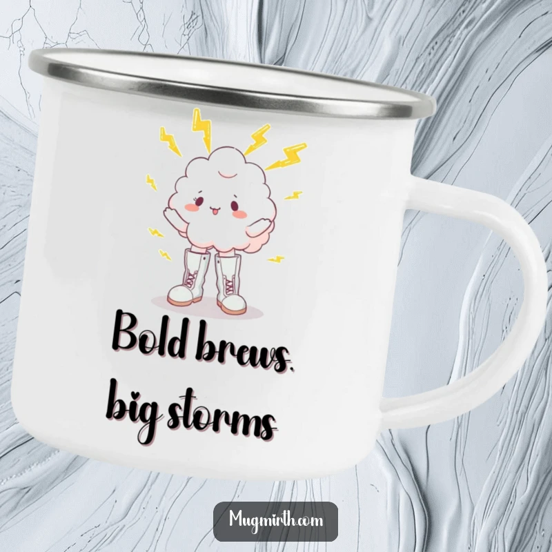 Funny camping mug showing a cloud in boots humorously juggling lightning bolts, perfect for outdoor enthusiasts who love a laugh.