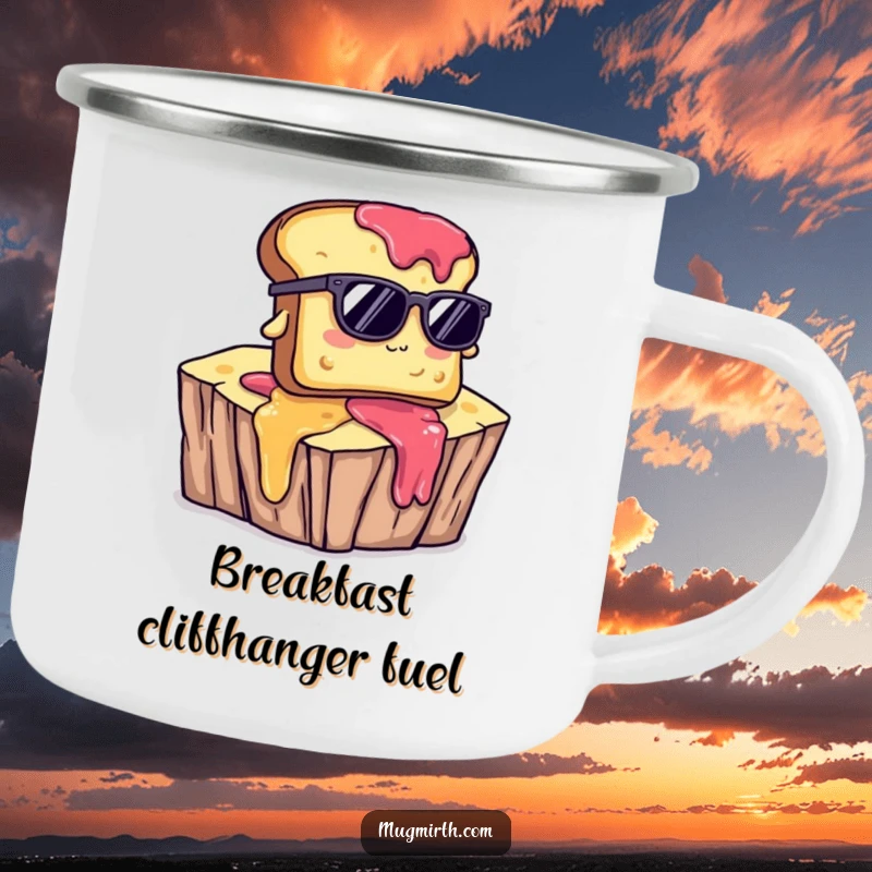 Funny camping mug showing toast with sunglasses, humorously falling from a jam cliff, great for outdoor coffee breaks.