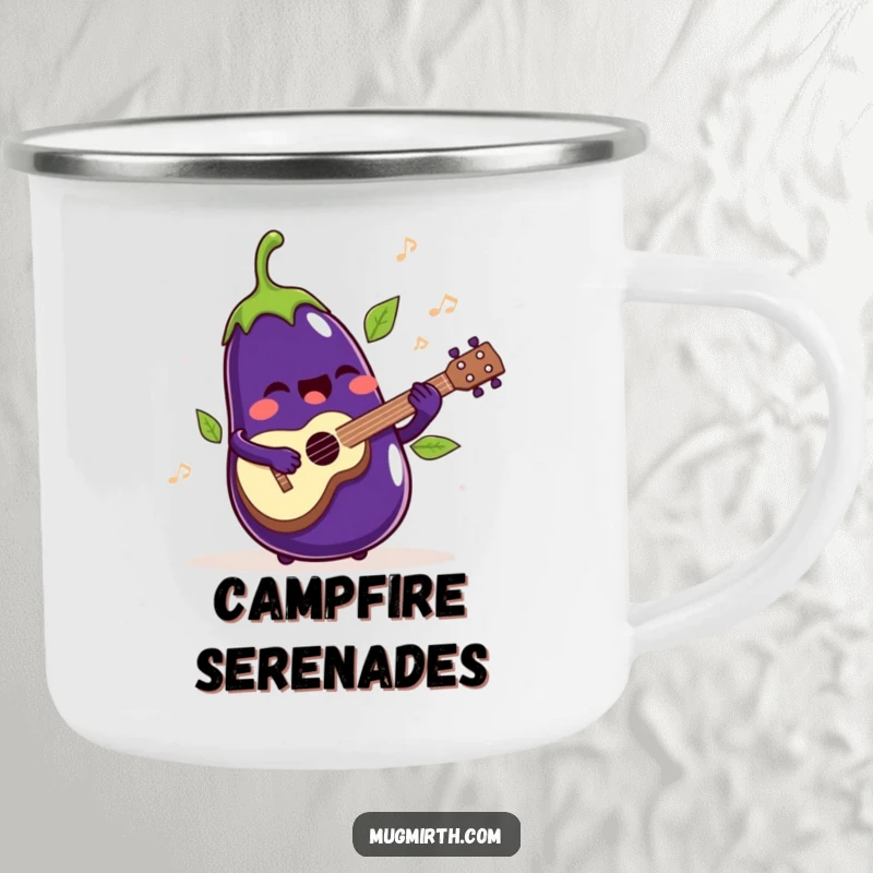 Funny Camping Mug: A singing eggplant playing a ukulele, its leaves jiggling rhythmically in the wild.