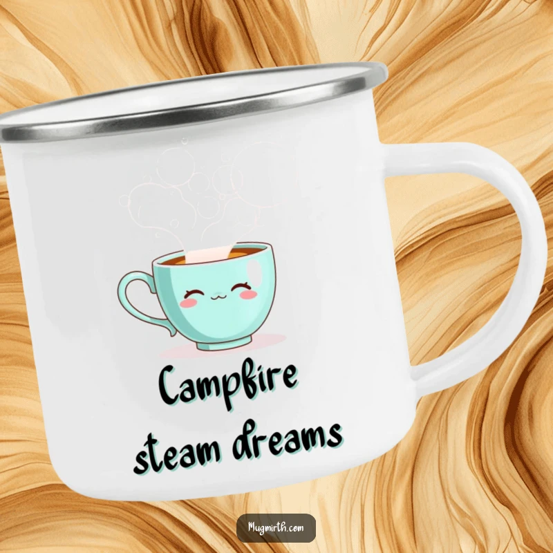 Funny teacup camping mug, a sentient cup blowing steam bubbles, perfect for outdoor enthusiasts.