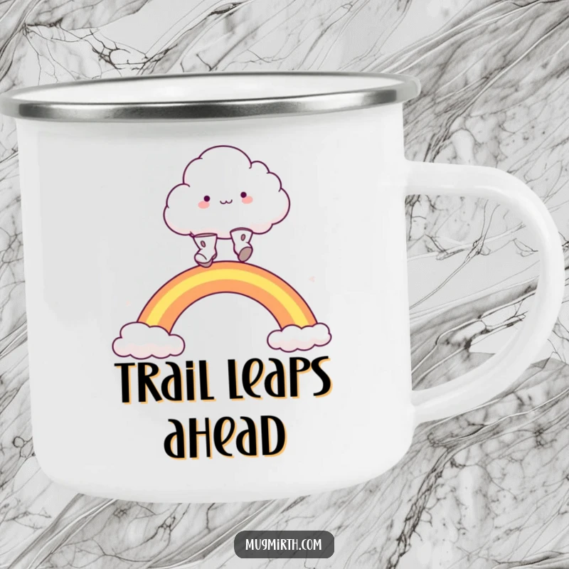 Funny fluffy cloud wearing boots, leaping over a rainbow, perfect for outdoor use. A durable and funny camping mug.