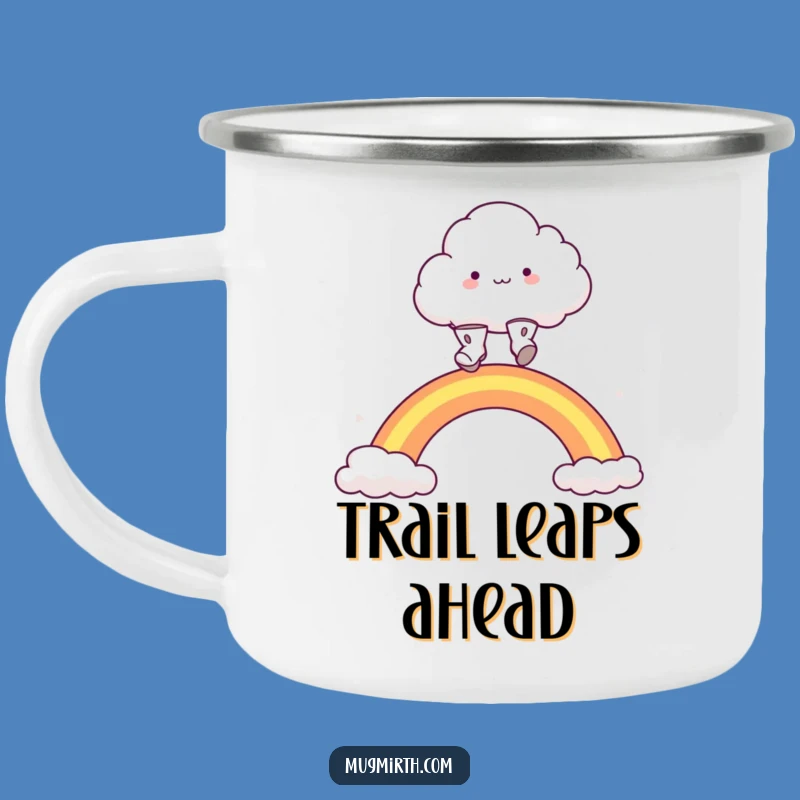 Durable Funny Cloud Boots Camping Mug, Rainbow Leaping Adventure Gift