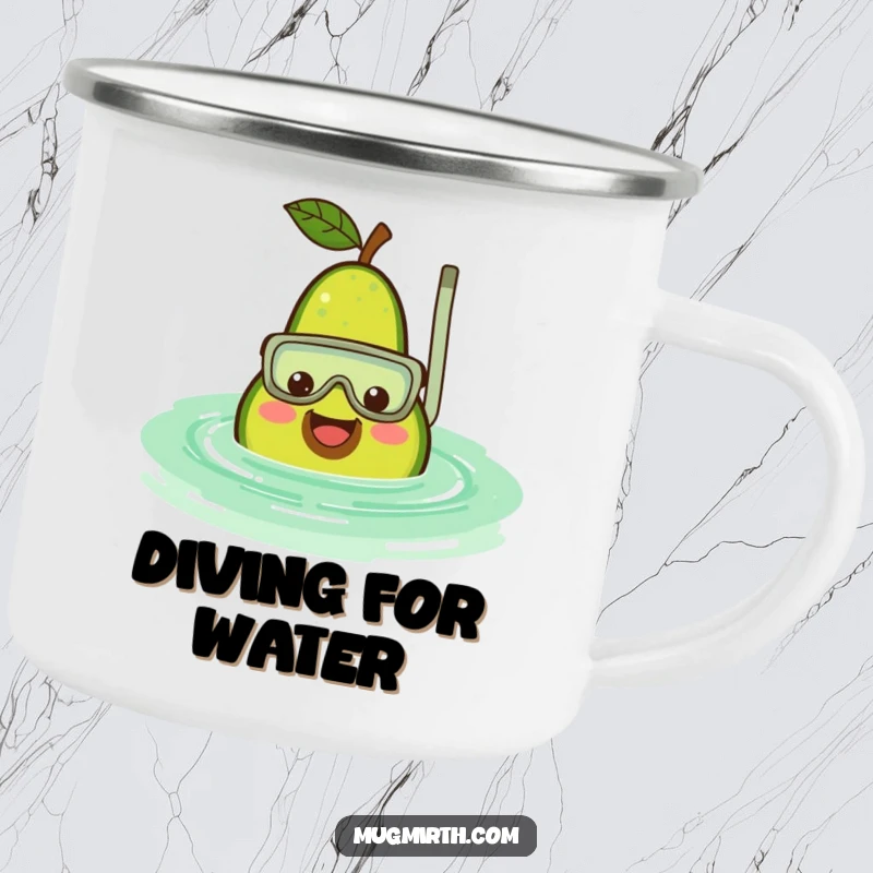 Funny avocado camping mug with a smiling fruit wearing a snorkel, sinking into a rippling green pool, durable and humorous for the outdoors.