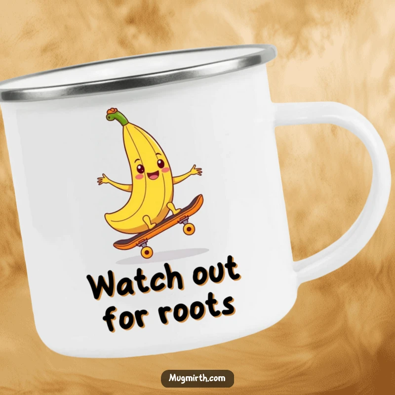 Funny banana peel camping mug, a smiling banana peel ready to trip a skateboard, perfect for outdoor pranks and fun.
