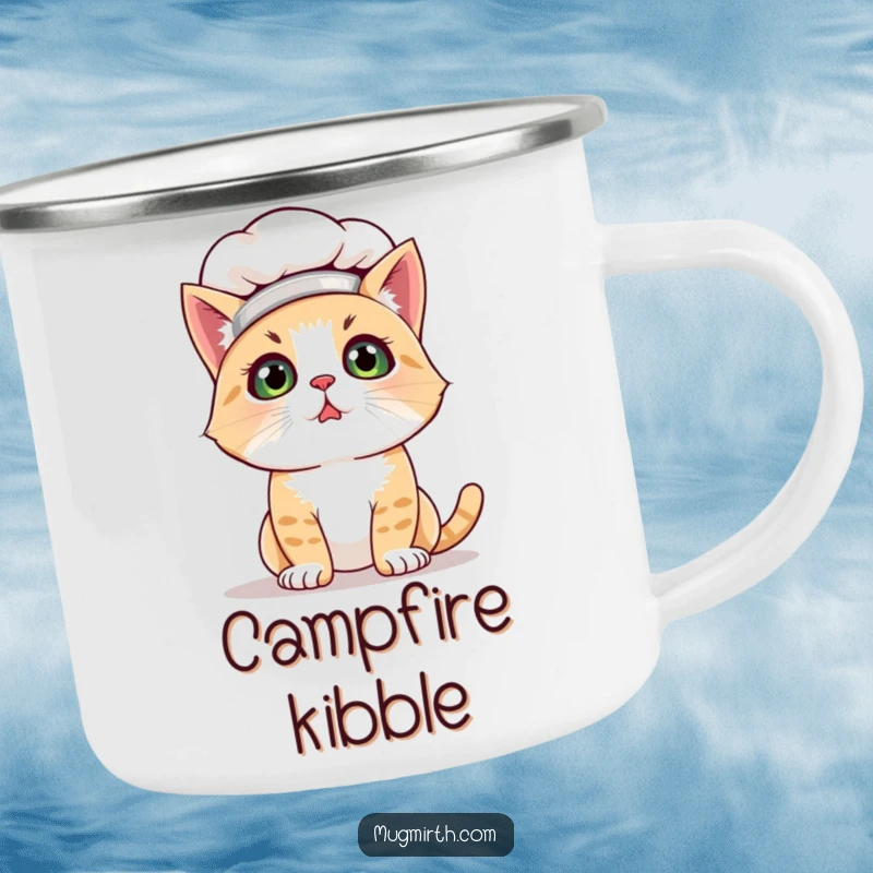 Funny cat chef camping mug featuring a bewildered cat in a chef hat, looking confused. Durable and humorous outdoor gear.