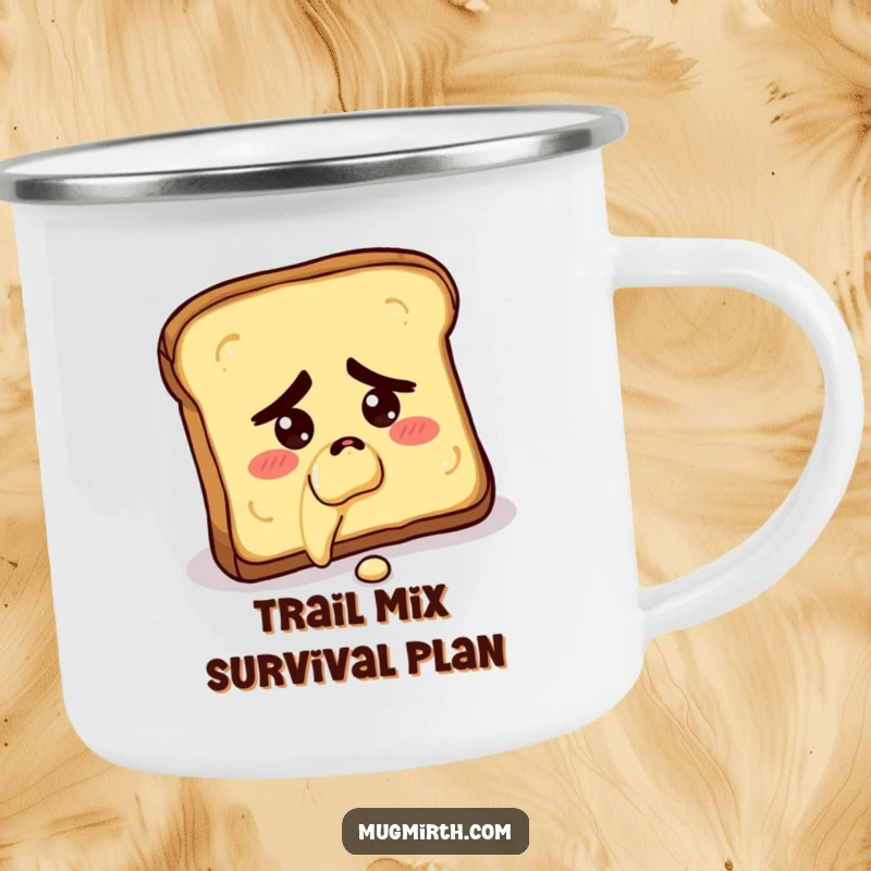 Funny camping mug with a concerned slice of toast falling butter-side down, perfect for outdoor breakfast humor.