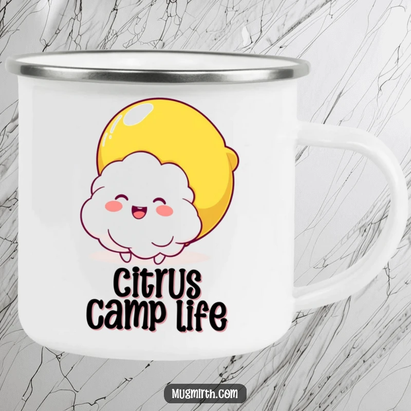 Funny Cloud and Lemon Hug Camping Mug: A durable enamel mug with a funny design of a fluffy cloud character being squeezed by a smiling lemon.