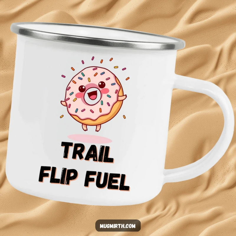 Funny donut camping mug, sprinkles doing a cartwheel, glaze flying, a durable and humorous outdoor cup.