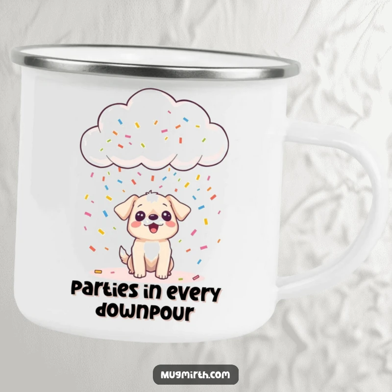 Funny happy cloud raining colorful confetti onto a surprised dog, on an enamel camping mug, bringing outdoor amusement, a funny gift.