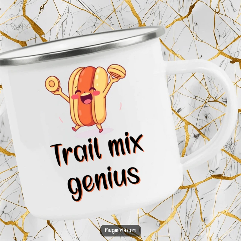 Funny Happy Hot Dog Camping Mug: An enamel mug with a cheerful hot dog joyfully juggling its bun, perfect for outdoor enthusiasts.