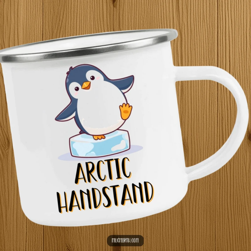 Funny penguin attempting a handstand on a small ice cube, perfect for humorous outdoor drinks and camping trips.