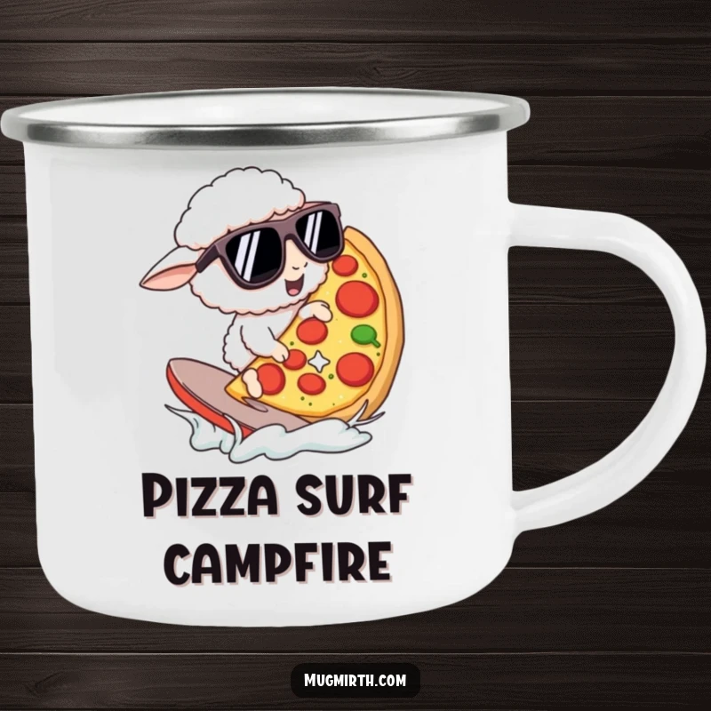 Funny Camping Mug: A sheep in oversized sunglasses surfs a giant pizza slice. Perfect for adventures and a funny gift.