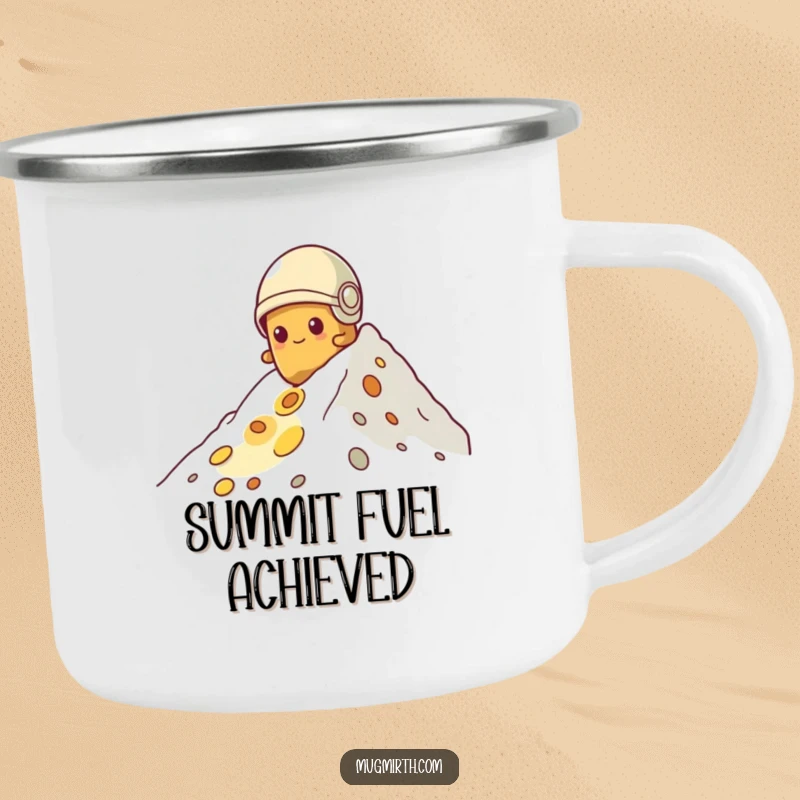 Funny potato camping mug, wearing a helmet, determinedly climbing a huge cheese mountain, a humorous and rugged outdoor mug.