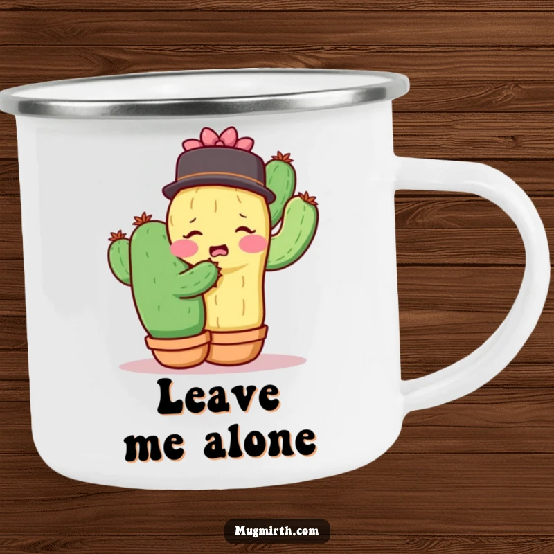 Funny shy cactus recoiling from a hug, a humorous and durable camping mug.