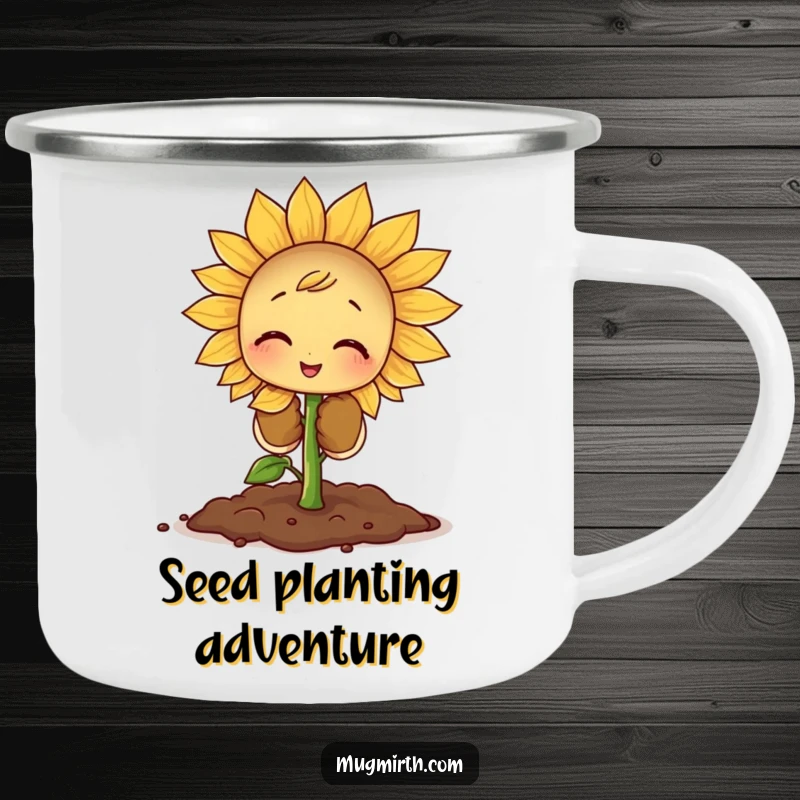 Funny Sprout Camping Mug: A tiny sprout heroically plants a giant seed in the wilderness, bringing garden humor.